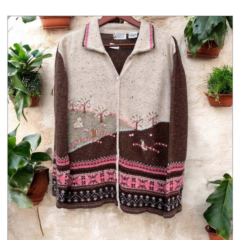 VTG Cottage-core Embroidered Appliquéd Cardigan Sweater-Adorable! Sz L EUC🌺 - Picture 3 of 16
